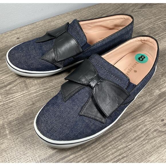 Kate Spade New York Delise Too Denim Shoes With Black Bow Slip On Flats Size 8 - Picture 1 of 9